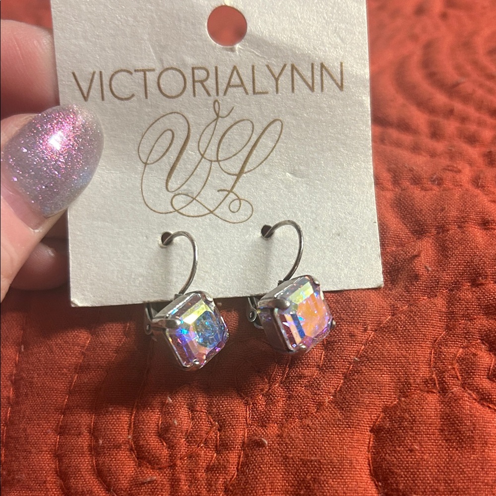 Victoria Lynn Silver‎ Earrings with Rainbow Stones Aurora Borealis Drop Earrings